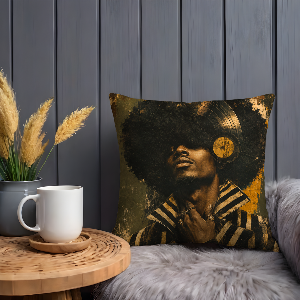 Afro Vinyl Portrait Pillow Cover | Soul Music Art | Gold Crackle Decor
