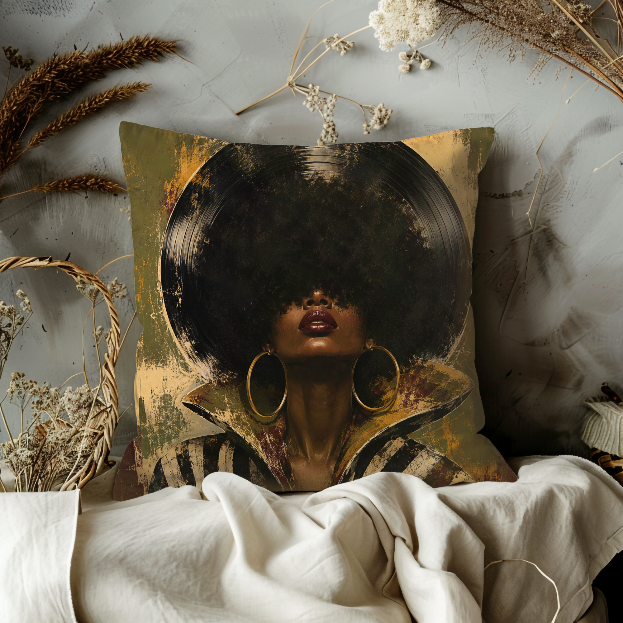 Afro Vinyl Portrait Pillow Cover | Soul Music Art | Gold Crackle Decor