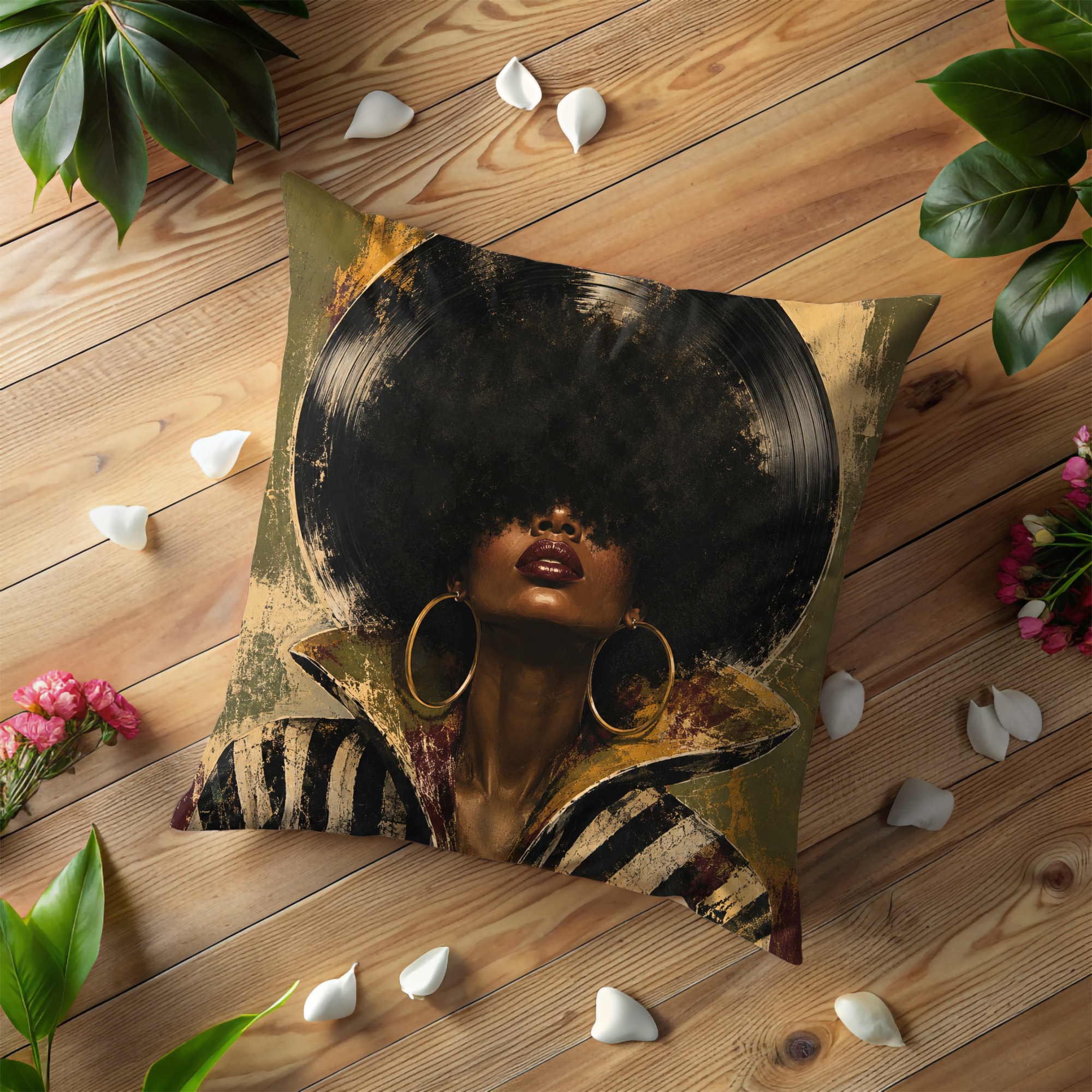 Afro Vinyl Portrait Pillow Cover | Soul Music Art | Gold Crackle Decor