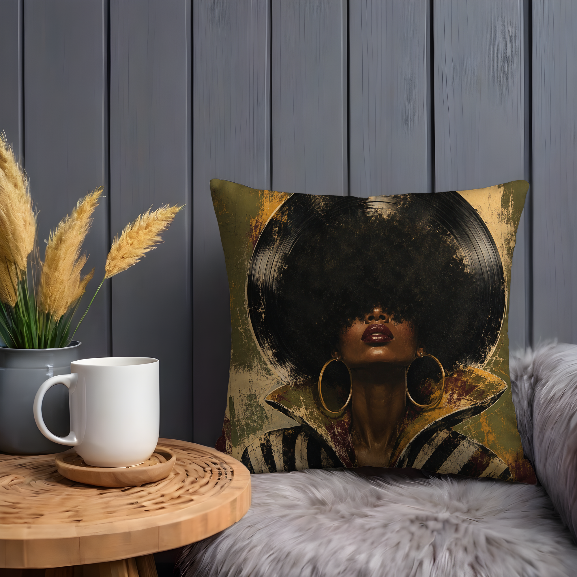 Afro Vinyl Portrait Pillow Cover | Soul Music Art | Gold Crackle Decor