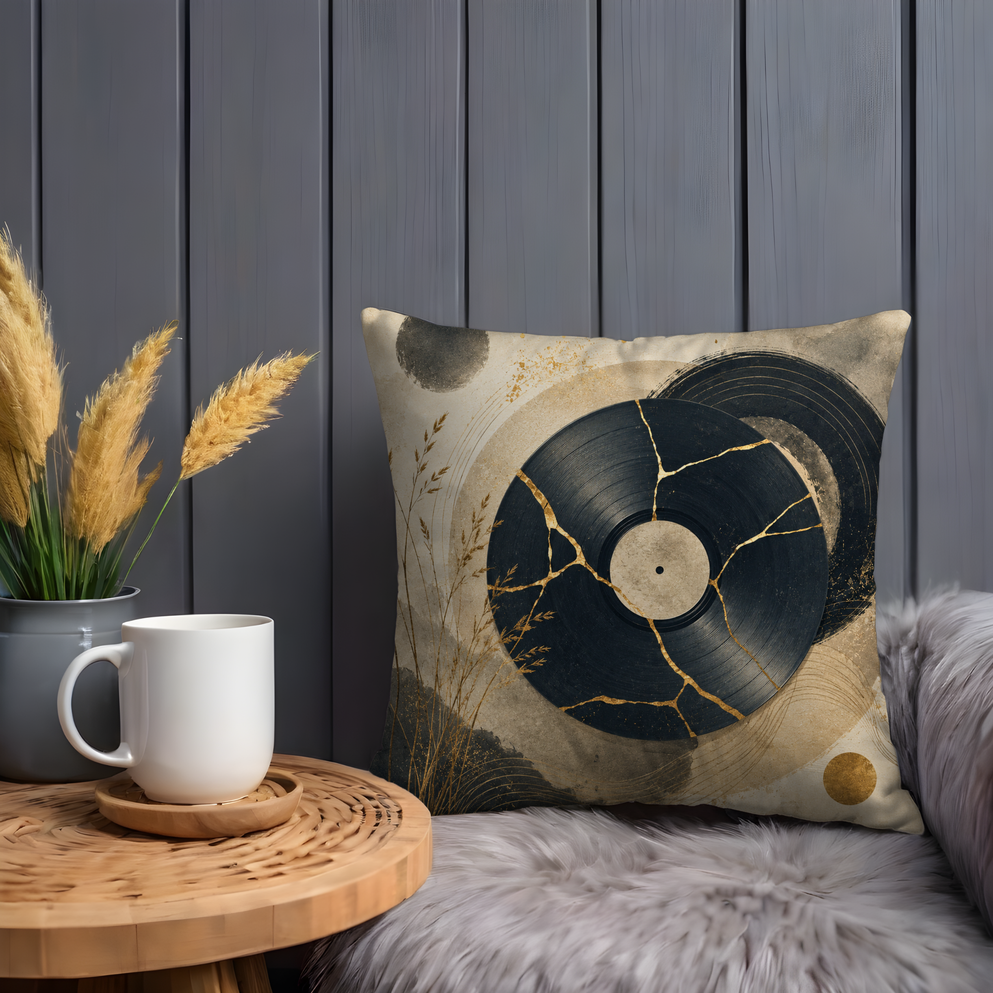 Mosaic Vinyl Record Pillow Cover | Retro Music Art | Gold Crackle Decor