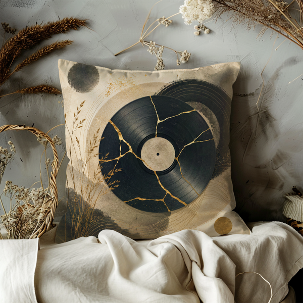Mosaic Vinyl Record Pillow Cover – Retro Music Art | Gold Crackle Decor