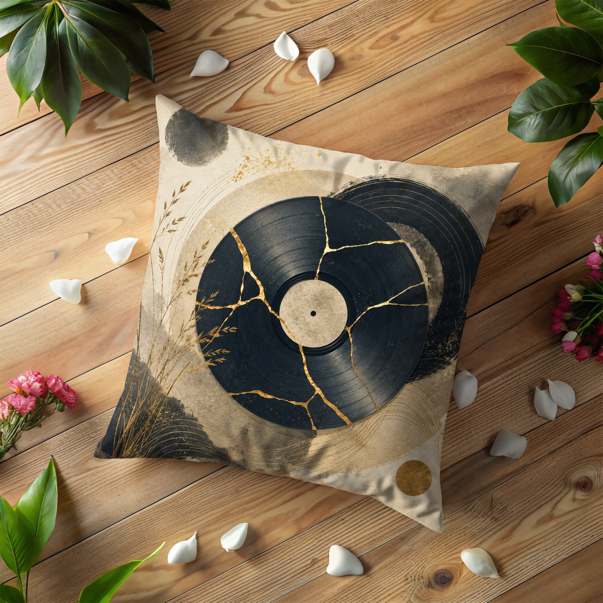 Mosaic Vinyl Record Pillow Cover | Retro Music Art | Gold Crackle Decor