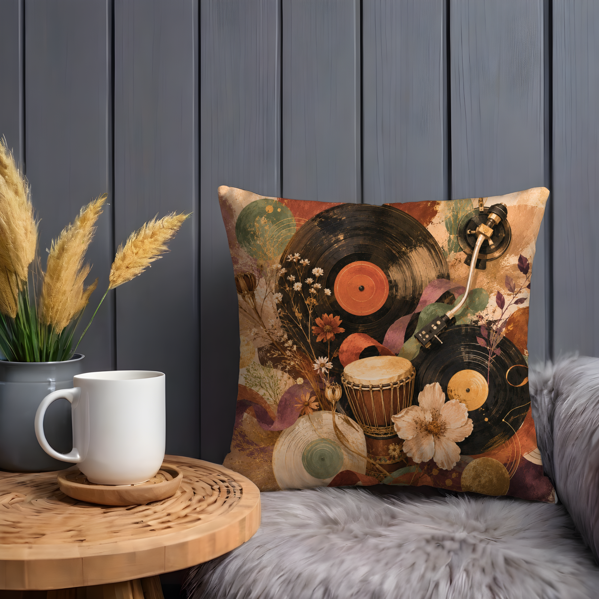 Vinyl Djembe Music Pillow Cover | Soul Rhythm Art | Gold Crackle Decor