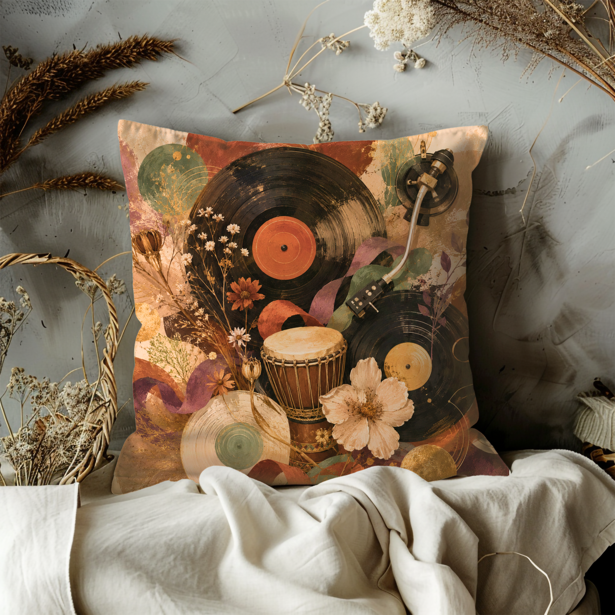 Vinyl Djembe Music Pillow Cover | Soul Rhythm Art | Gold Crackle Decor