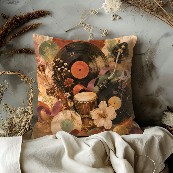 Vinyl Djembe Music Pillow Cover – Soul Rhythm Art | Gold Crackle Decor