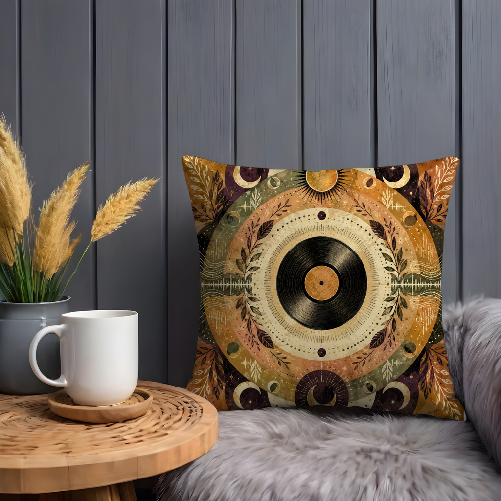 Celestial Vinyl Record Pillow Cover | Boho Music Art | Gold Crackle Decor