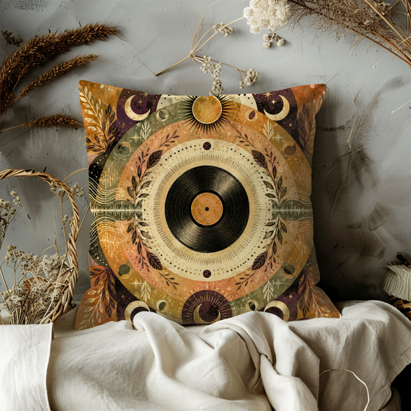 Celestial Vinyl Record Pillow Cover – Boho Music Art | Gold Crackle Decor