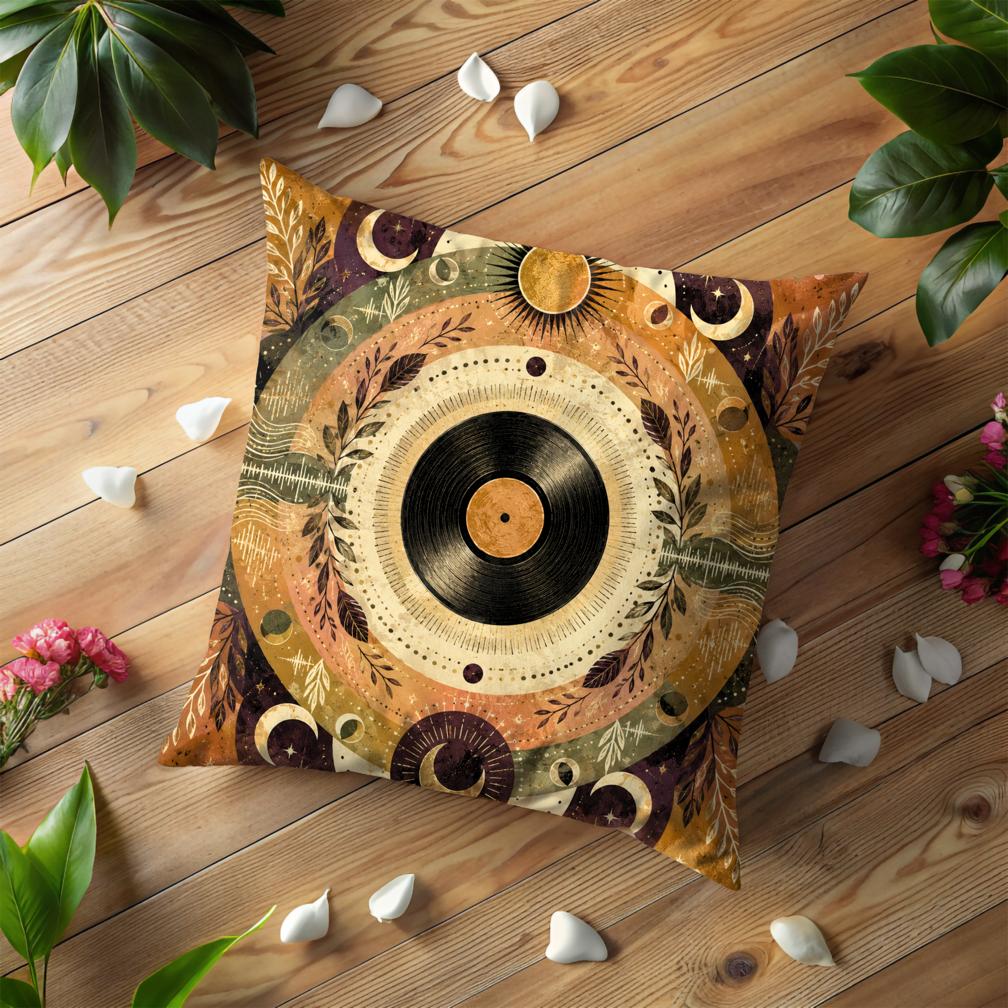 Celestial Vinyl Record Pillow Cover | Boho Music Art | Gold Crackle Decor