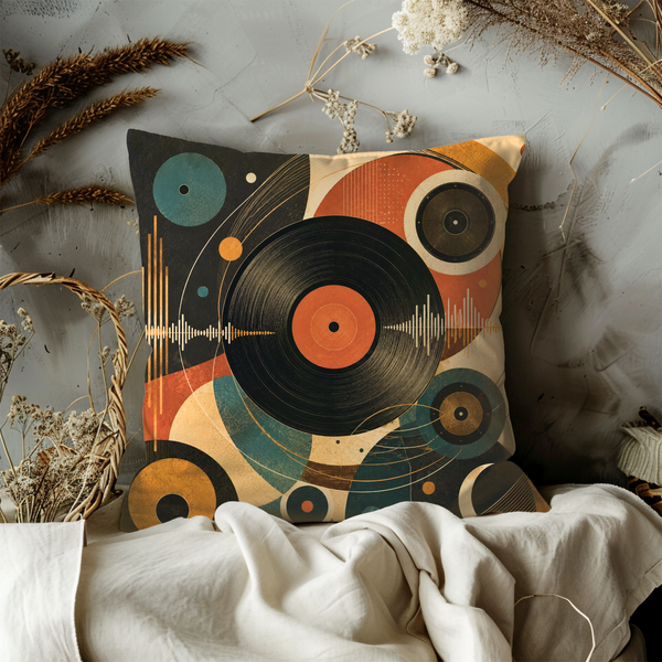 Abstract Vinyl Record Pillow Cover – Retro Music Art | Gold Crackle Decor