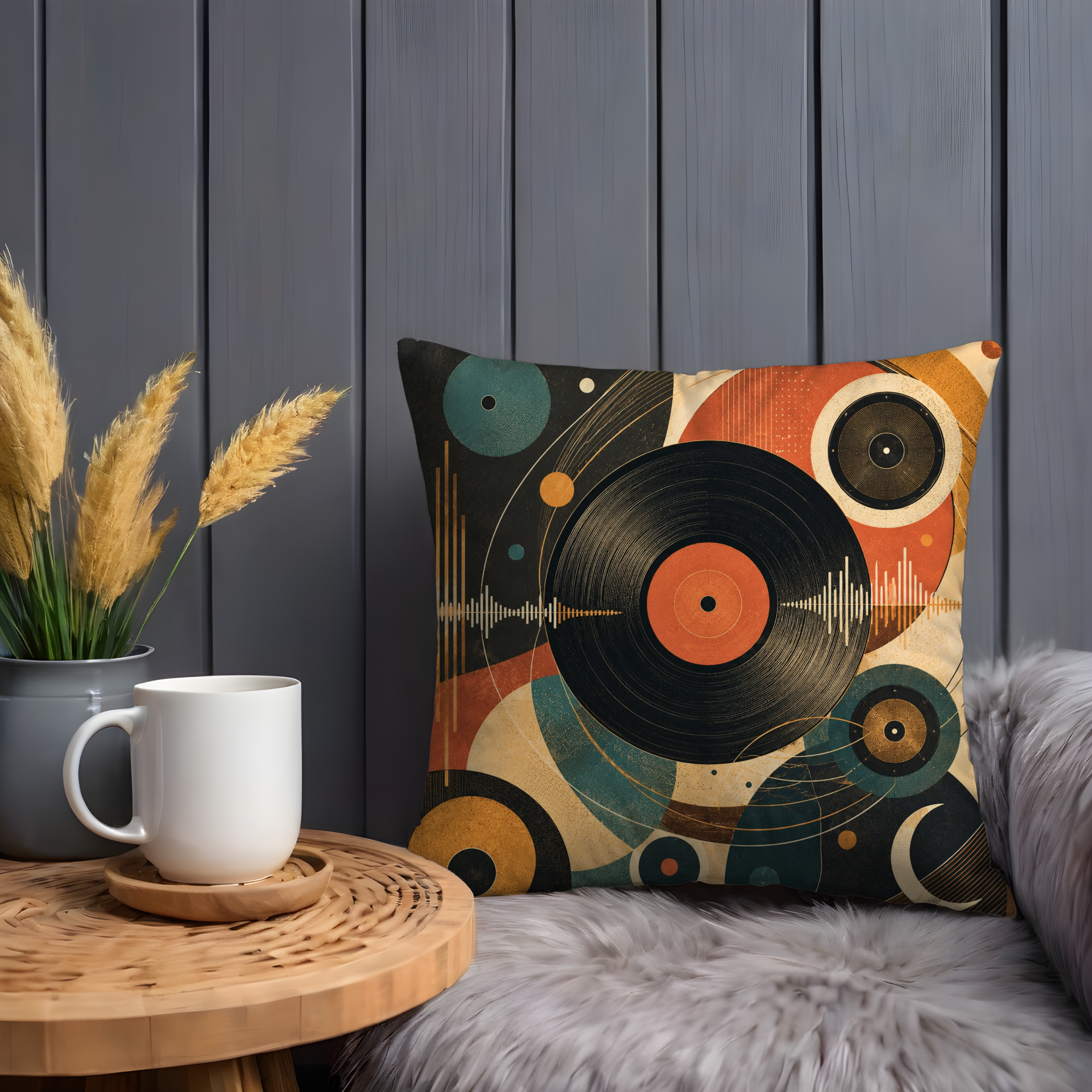 Abstract Vinyl Record Pillow Cover | Retro Music Art | Gold Crackle Decor