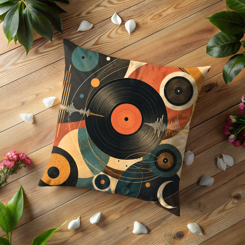 Abstract Vinyl Record Pillow Cover | Retro Music Art | Gold Crackle Decor