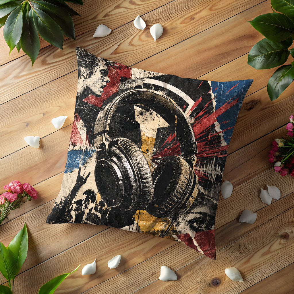 Rock Headphones Pillow Cover | Punk Music Art | Gold Crackle Decor