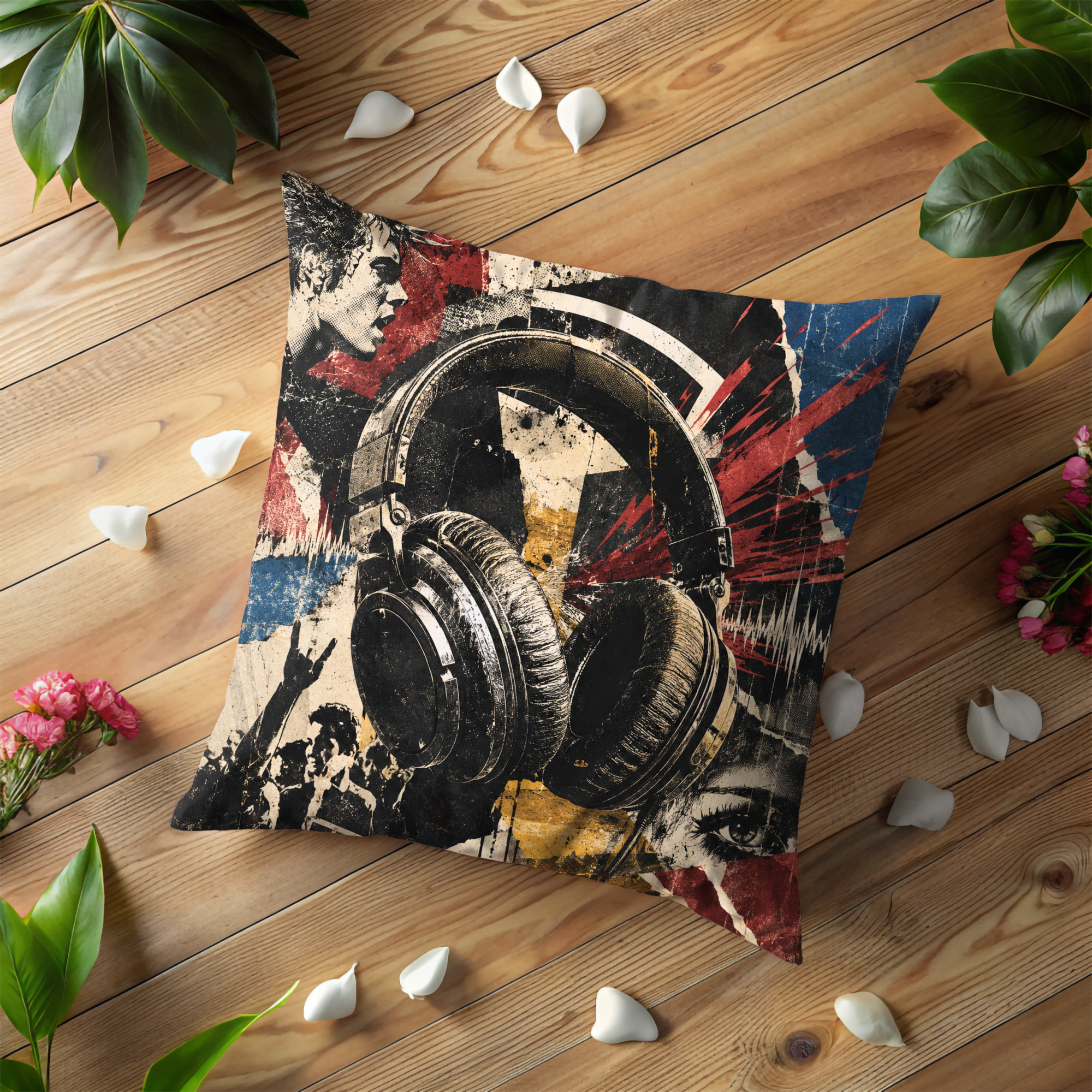 Rock Headphones Pillow Cover | Punk Music Art | Gold Crackle Decor