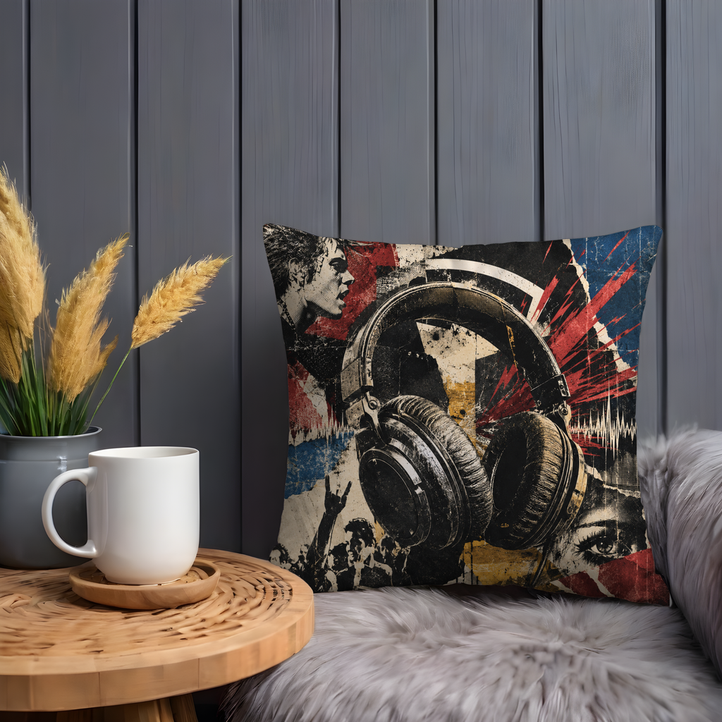 Rock Headphones Pillow Cover | Punk Music Art | Gold Crackle Decor