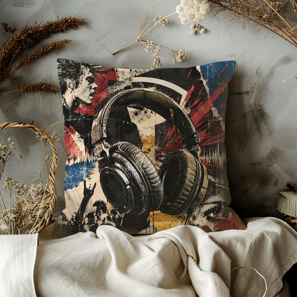 Rock Headphones Pillow Cover – Punk Music Art | Gold Crackle Decor
