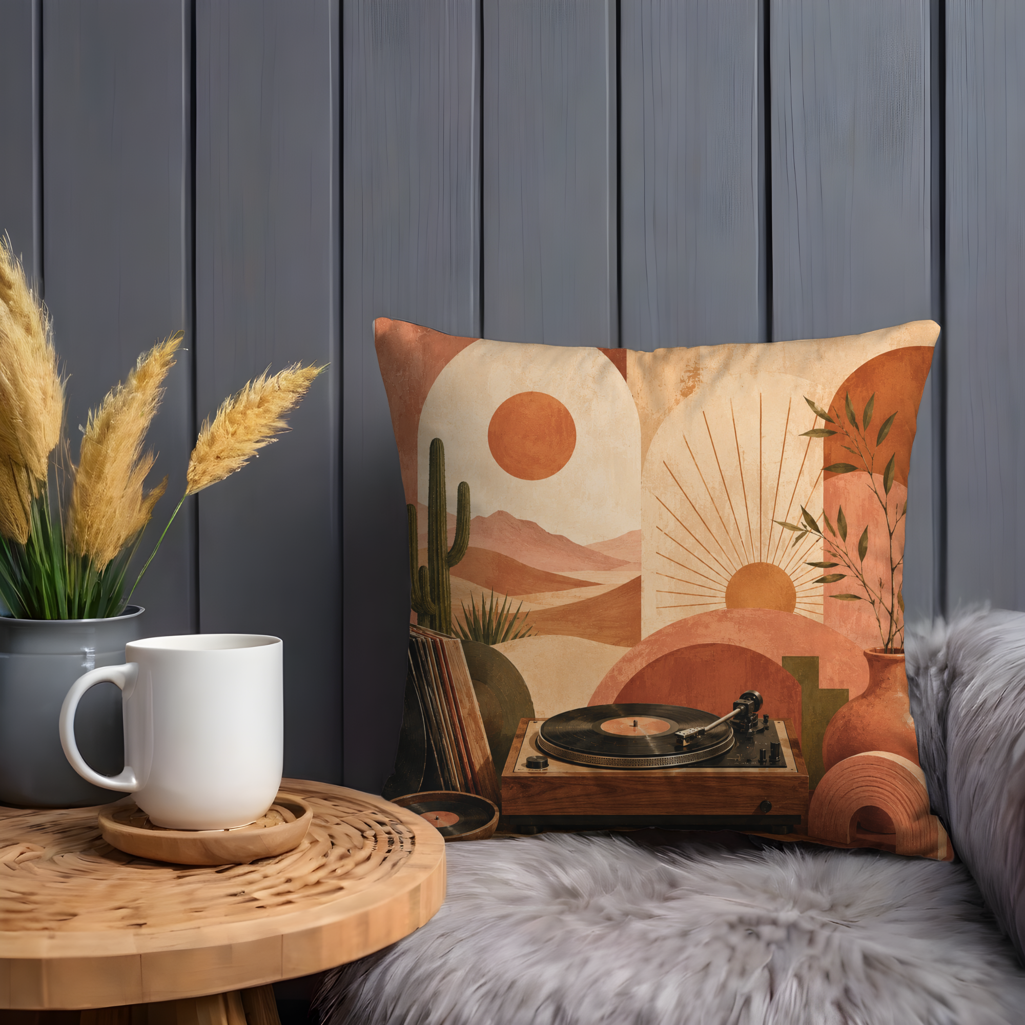 Desert Vinyl Record Pillow Cover | Boho Music Art | Gold Crackle Decor
