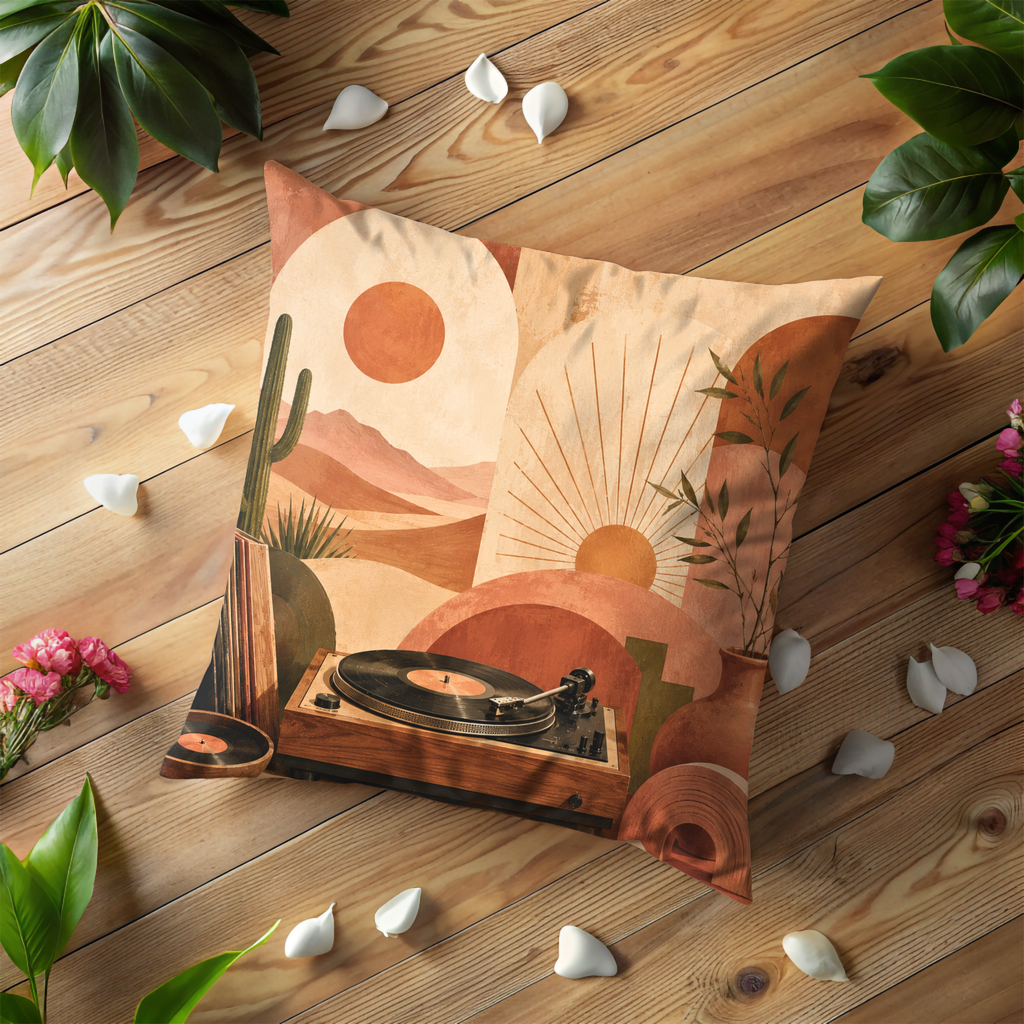 Desert Vinyl Record Pillow Cover | Boho Music Art | Gold Crackle Decor