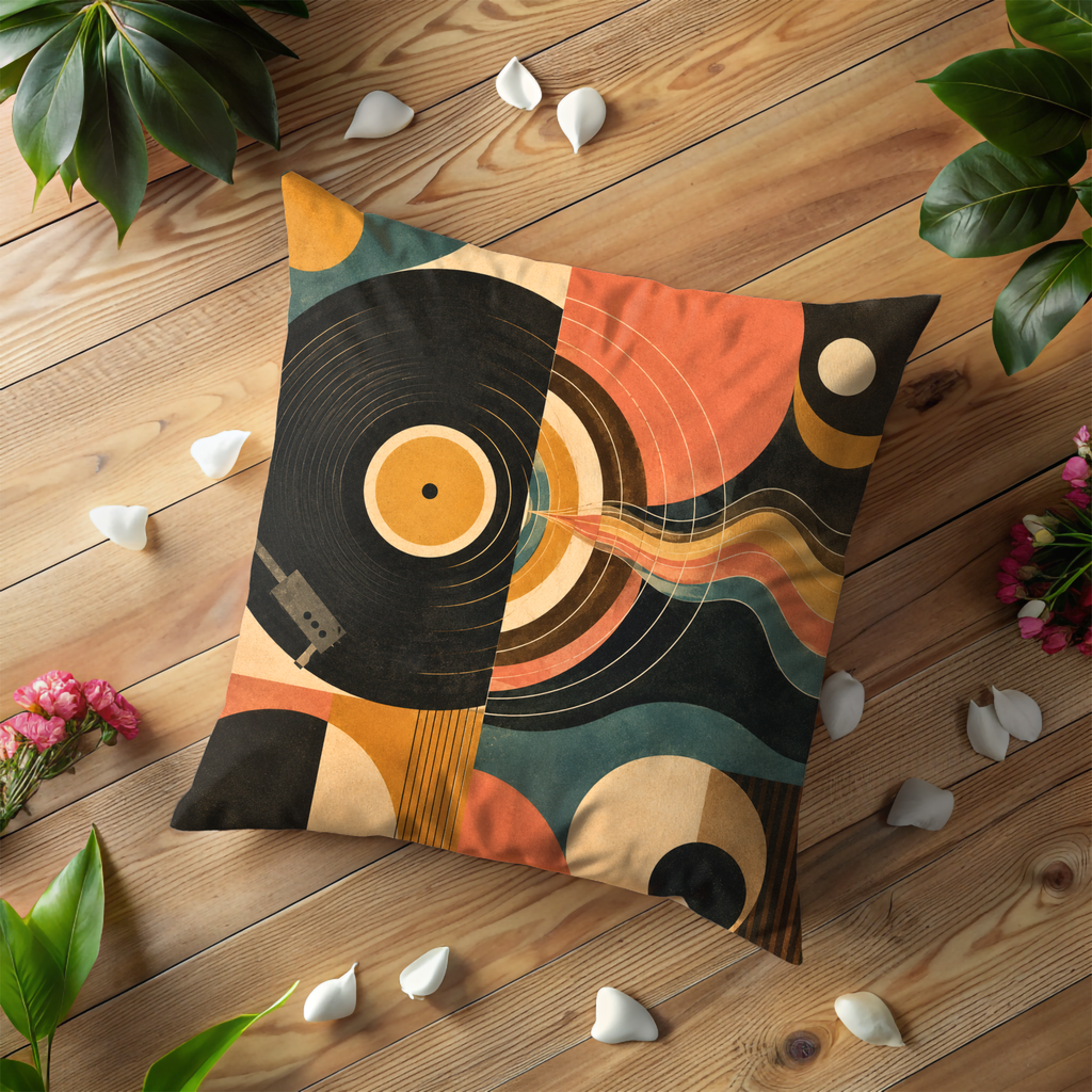 Abstract Vinyl Record Pillow Cover | Retro Music Art | Gold Crackle Decor