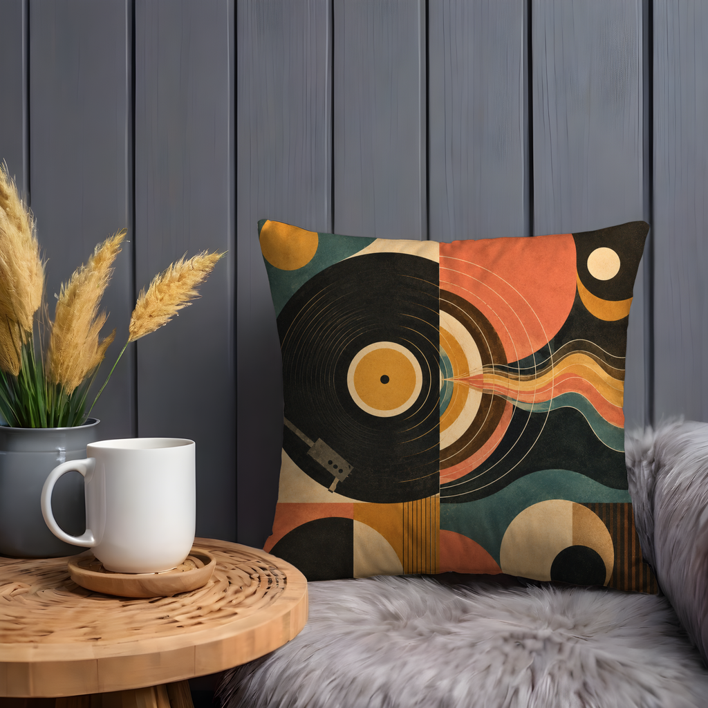 Abstract Vinyl Record Pillow Cover | Retro Music Art | Gold Crackle Decor