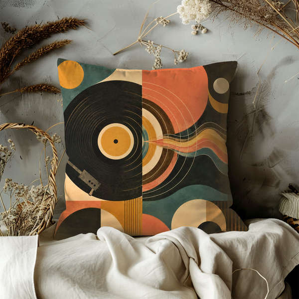 Abstract Vinyl Record Pillow Cover – Retro Music Art | Gold Crackle Decor