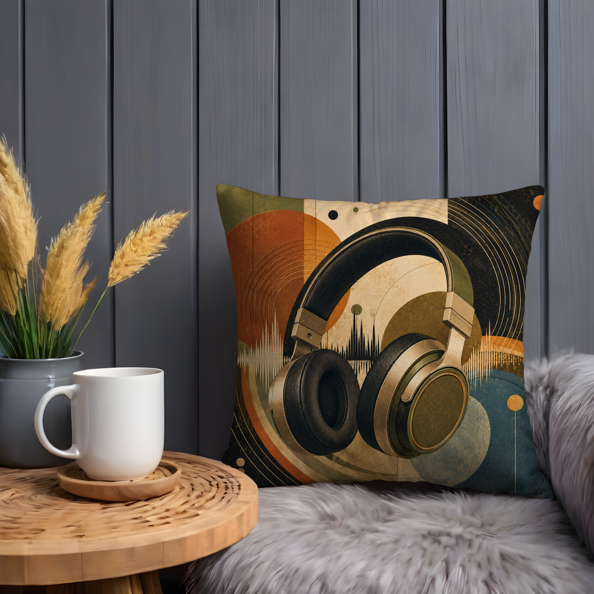 Headphones Soundwave Pillow Cover | Modern Music Art | Gold Crackle Decor