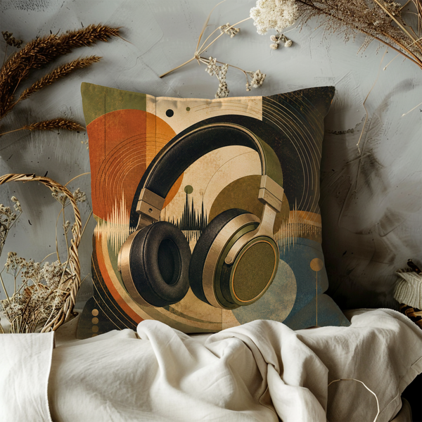 Headphones Soundwave Pillow Cover – Modern Music Art | Gold Crackle Decor