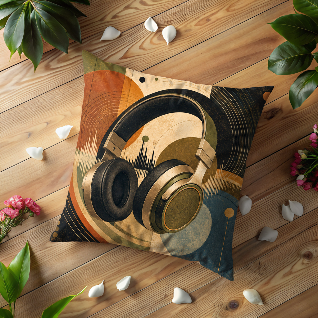 Headphones Soundwave Pillow Cover | Modern Music Art | Gold Crackle Decor