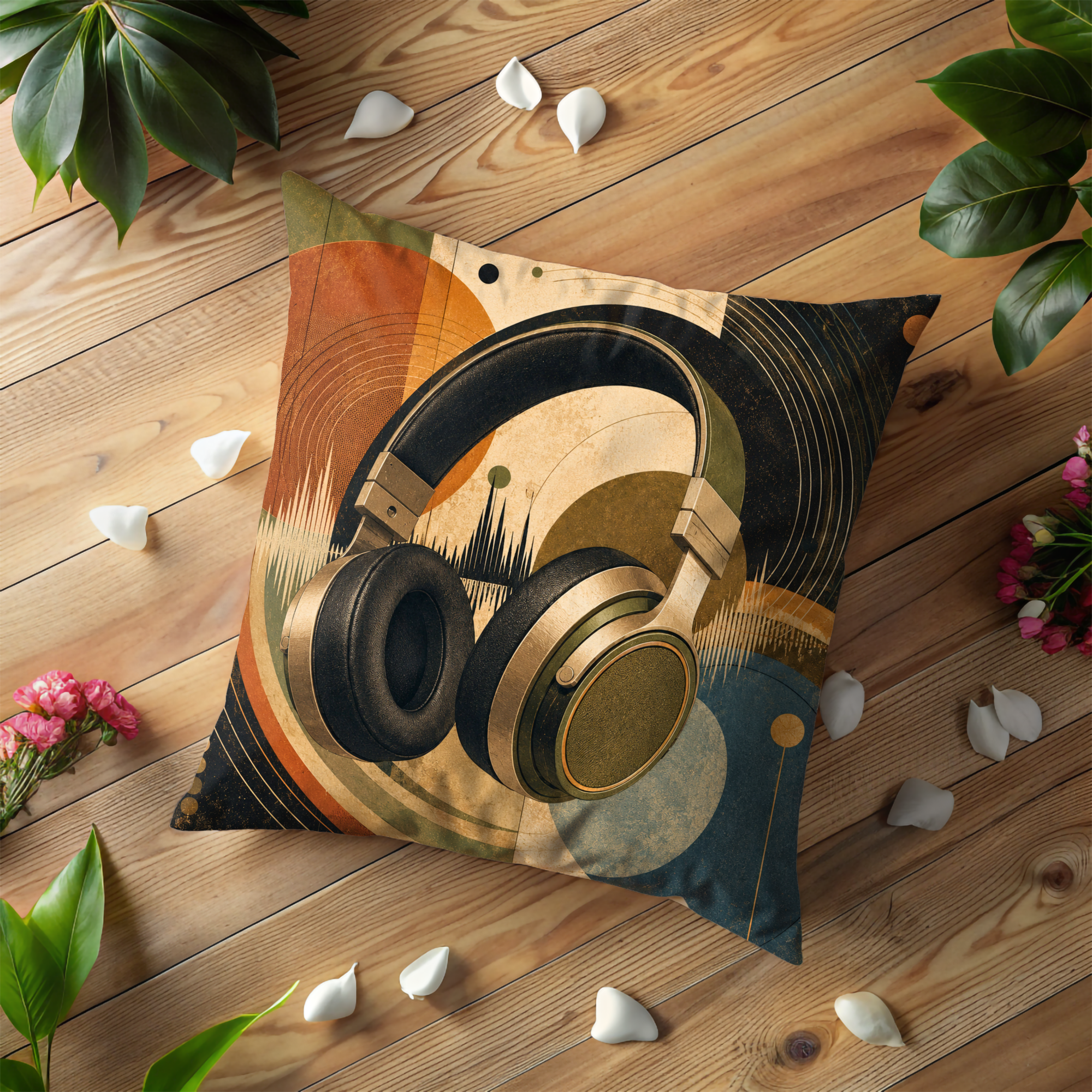 Headphones Soundwave Pillow Cover | Modern Music Art | Gold Crackle Decor