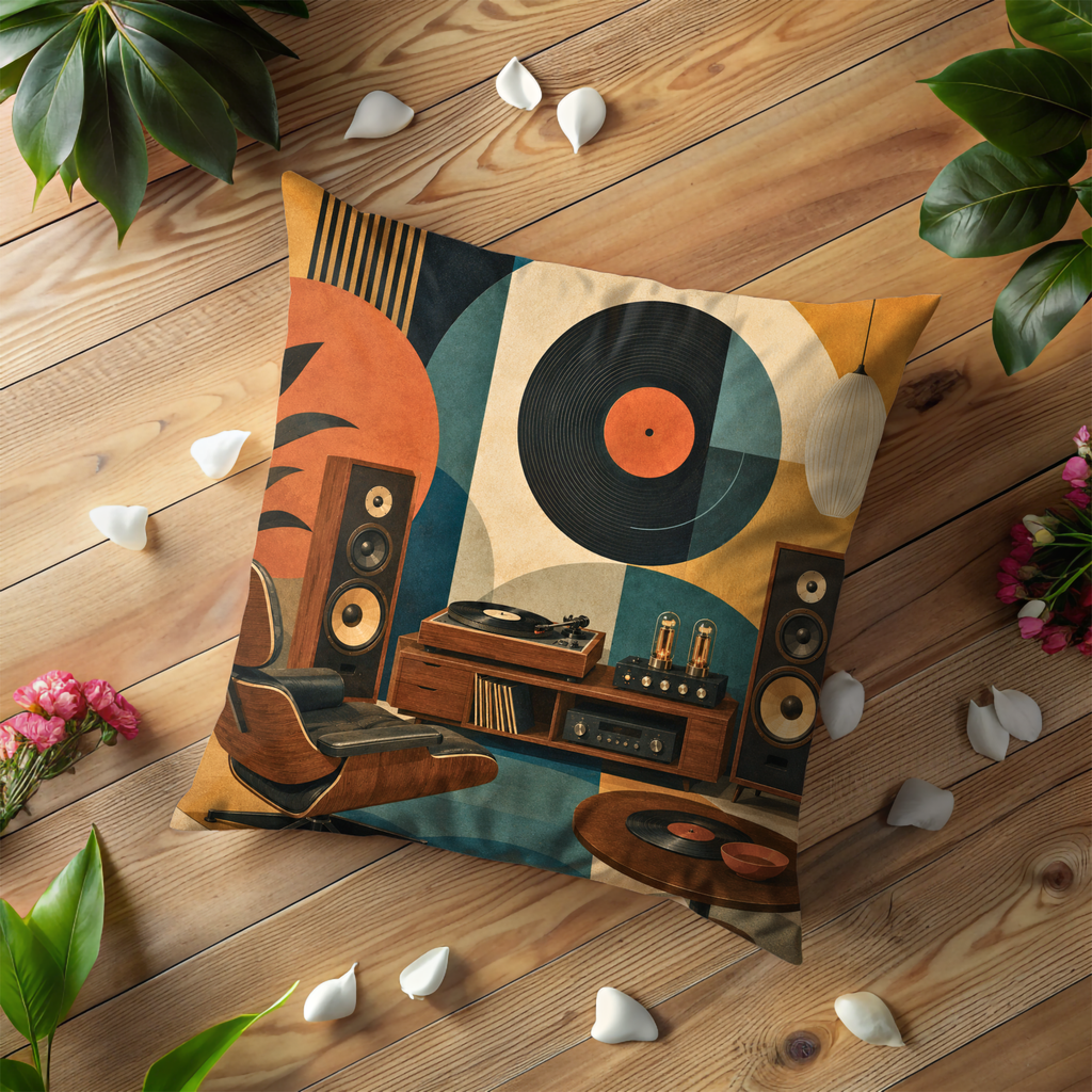 Retro Vinyl Turntable Pillow Cover | Boho Music Art | Gold Crackle Decor