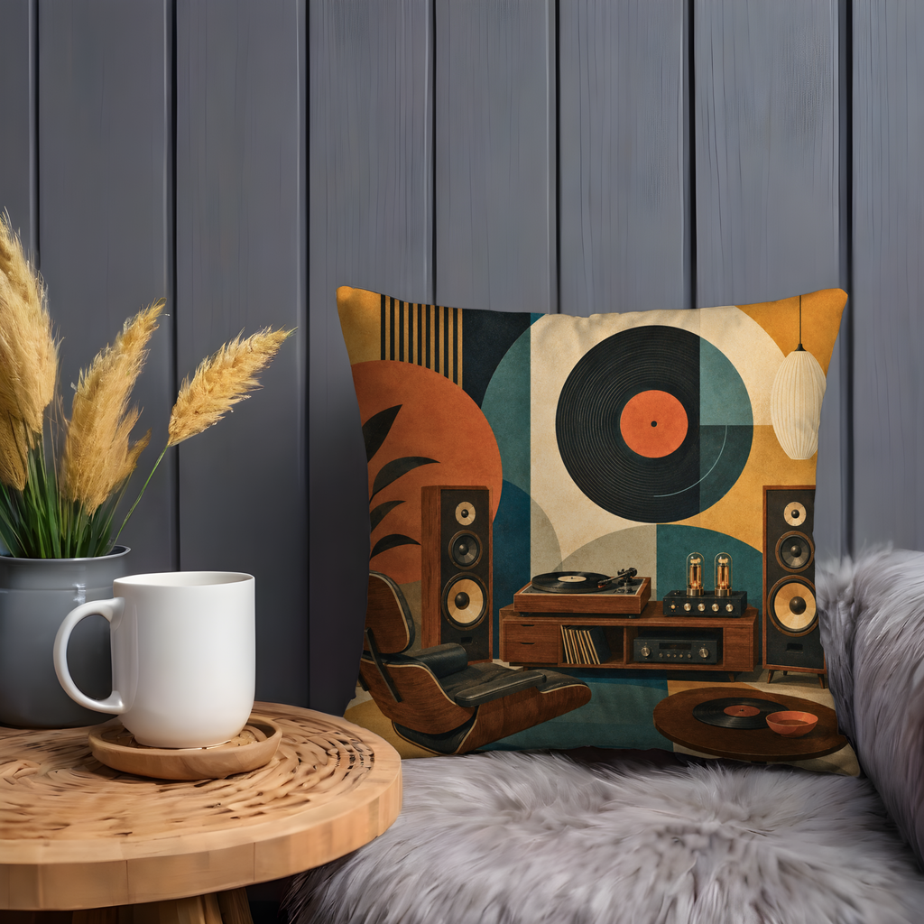 Retro Vinyl Turntable Pillow Cover | Boho Music Art | Gold Crackle Decor