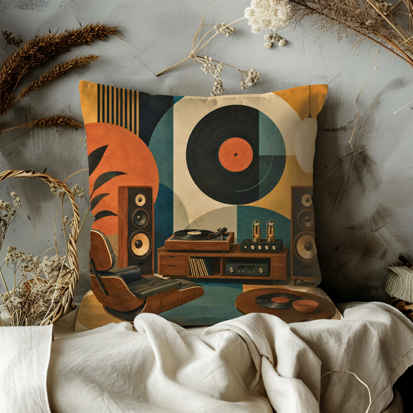 Retro Vinyl Turntable Pillow Cover – Boho Music Art | Gold Crackle Decor