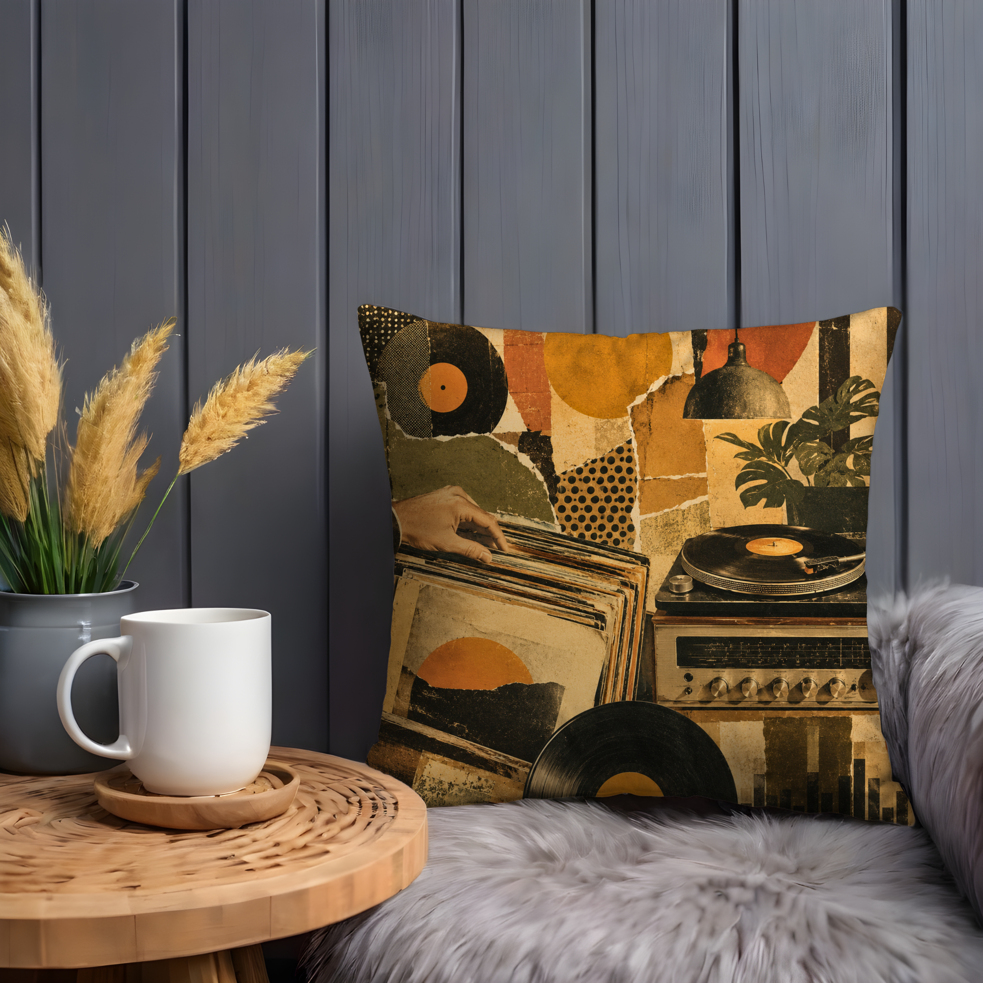 Vintage Retro Vinyl Collage Pillow Cover | Boho Music Art | Gold Crackle Decor