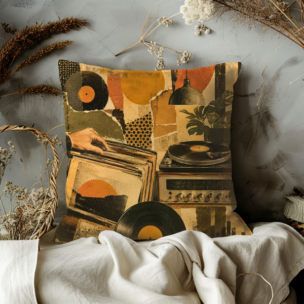 Vintage Retro Vinyl Collage Pillow Cover – Boho Music Art | Gold Crackle Decor