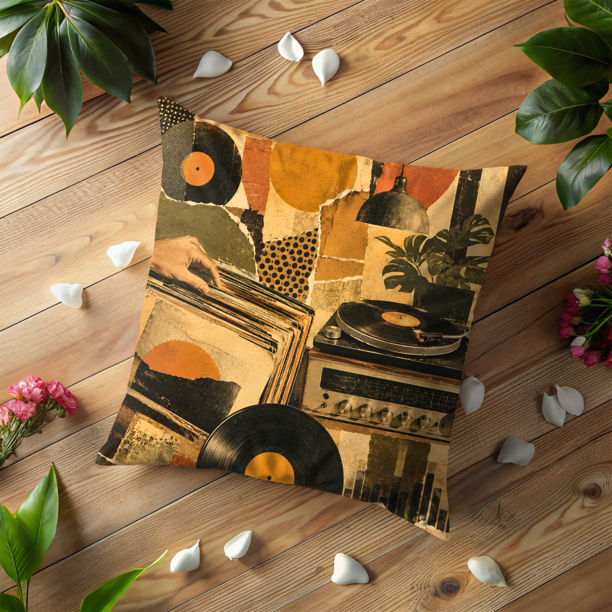 Vintage Retro Vinyl Collage Pillow Cover | Boho Music Art | Gold Crackle Decor