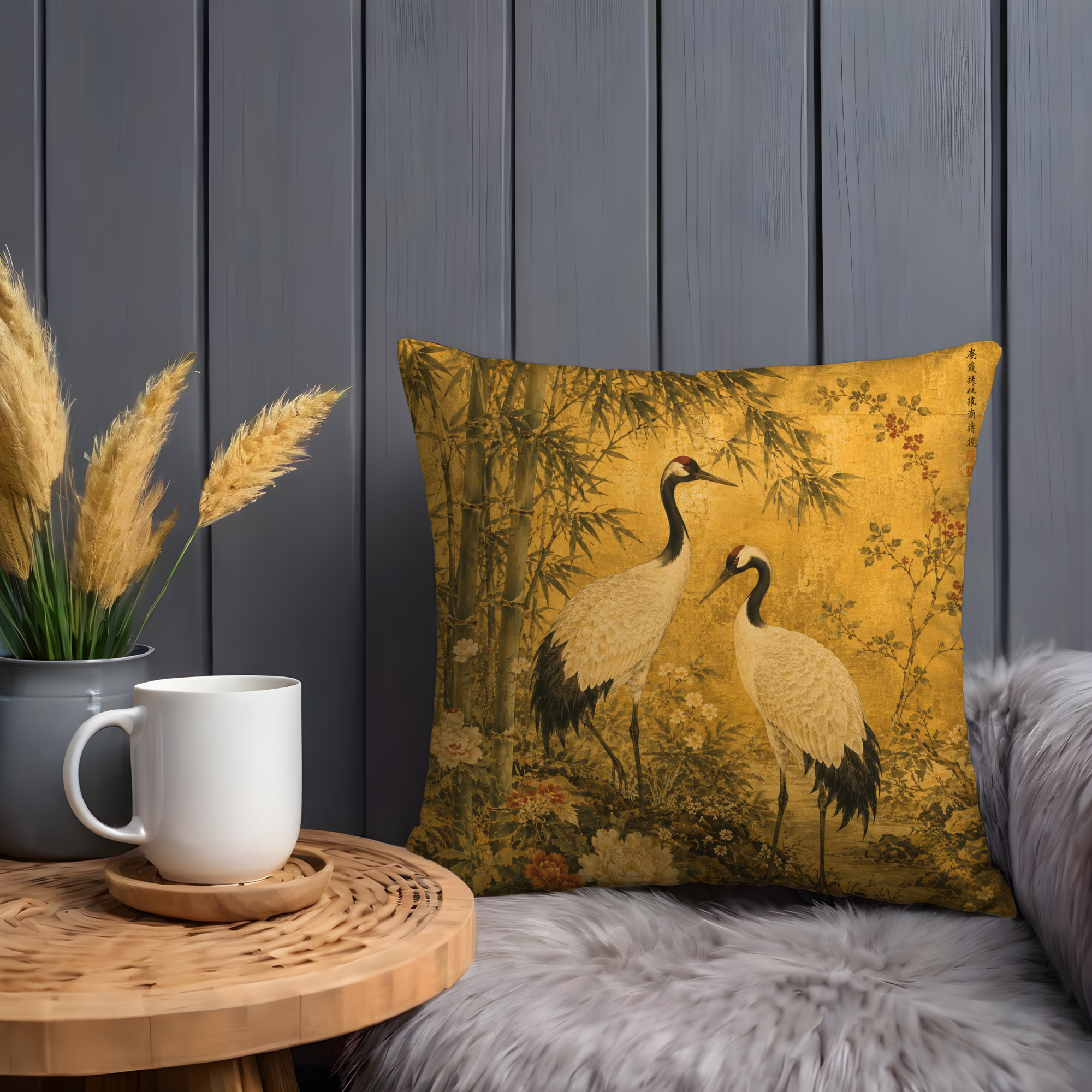 Japanese Cranes Pillow Cover | Golden Bamboo Art | Gold Crackle Decor