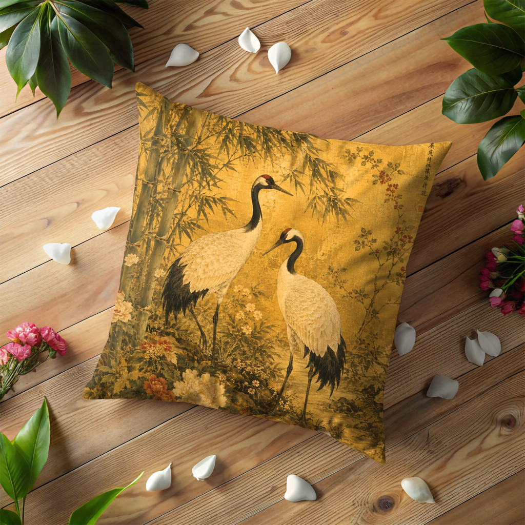 Japanese Cranes Pillow Cover | Golden Bamboo Art | Gold Crackle Decor