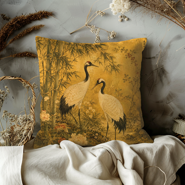 Japanese Cranes Pillow Cover – Golden Bamboo Art | Gold Crackle Decor