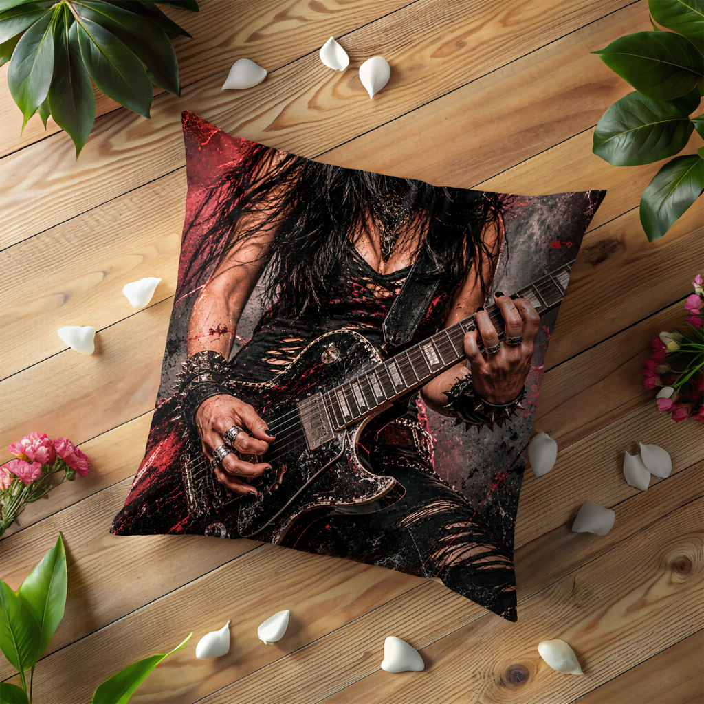 Rock Guitarist Pillow Cover | Metal Music Art | Gold Crackle Decor