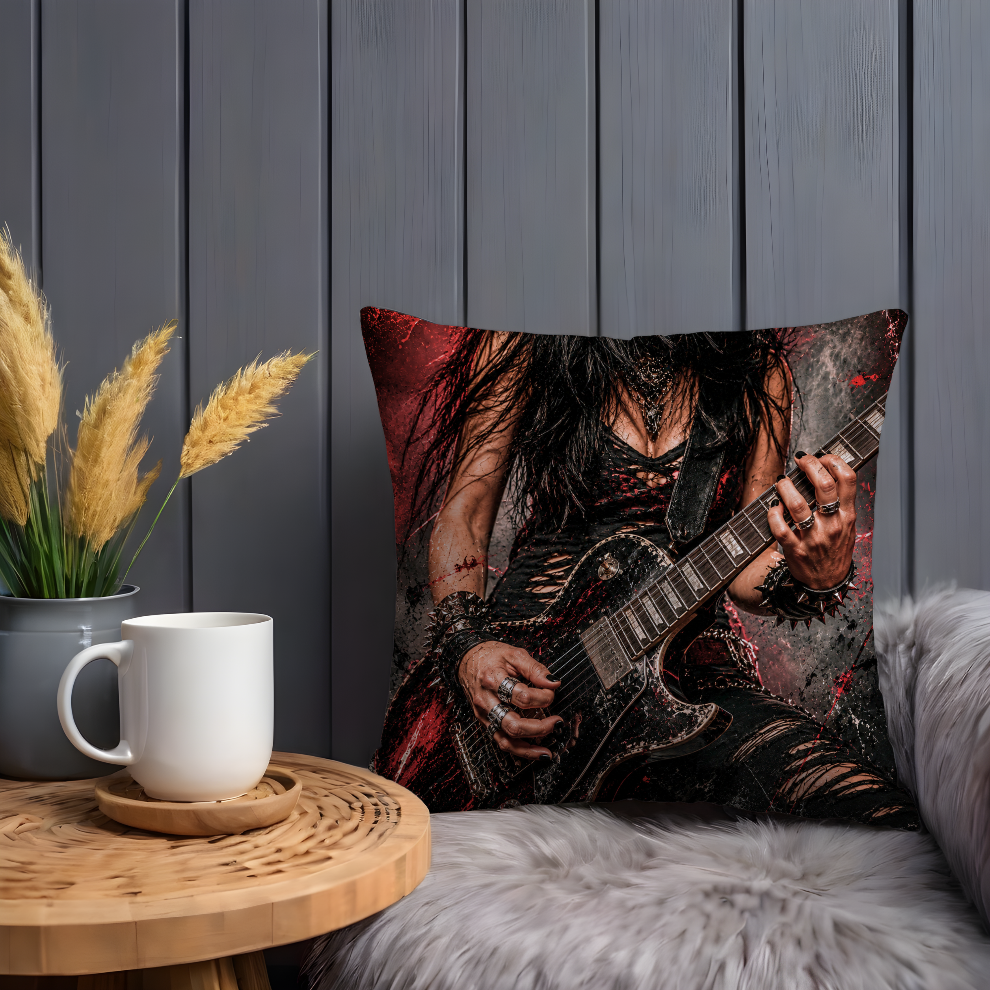 Rock Guitarist Pillow Cover | Metal Music Art | Gold Crackle Decor