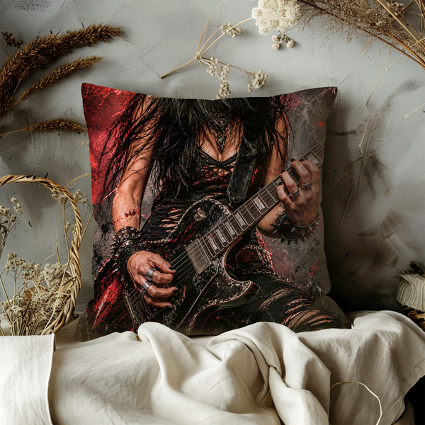 Rock Guitarist Pillow Cover – Metal Music Art | Gold Crackle Decor