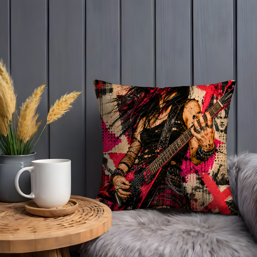 Punk Rock Guitarist Pillow Cover | Metal Music Art | Gold Crackle Decor