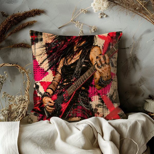 Punk Rock Guitarist Pillow Cover – Metal Music Art | Gold Crackle Decor