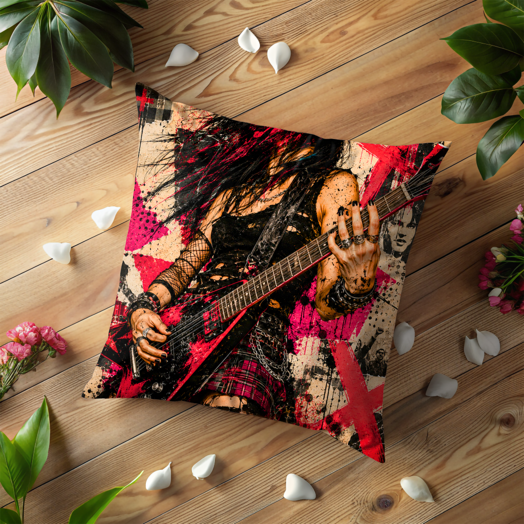Punk Rock Guitarist Pillow Cover | Metal Music Art | Gold Crackle Decor