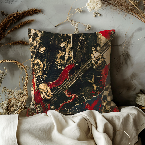 Rock Guitarist Pillow Cover – Metal Music Art | Gold Crackle Decor