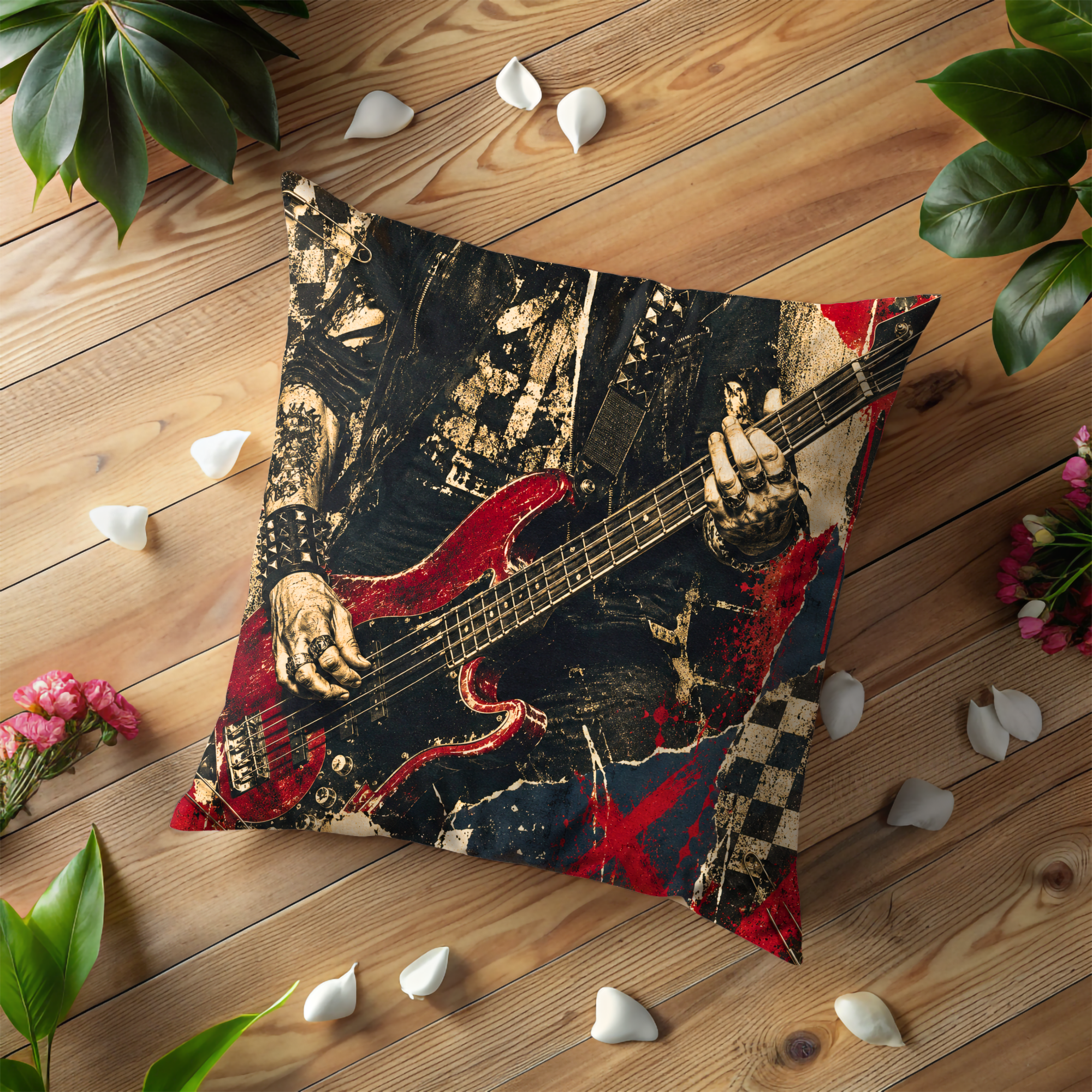 Rock Guitarist Pillow Cover | Metal Music Art | Gold Crackle Decor
