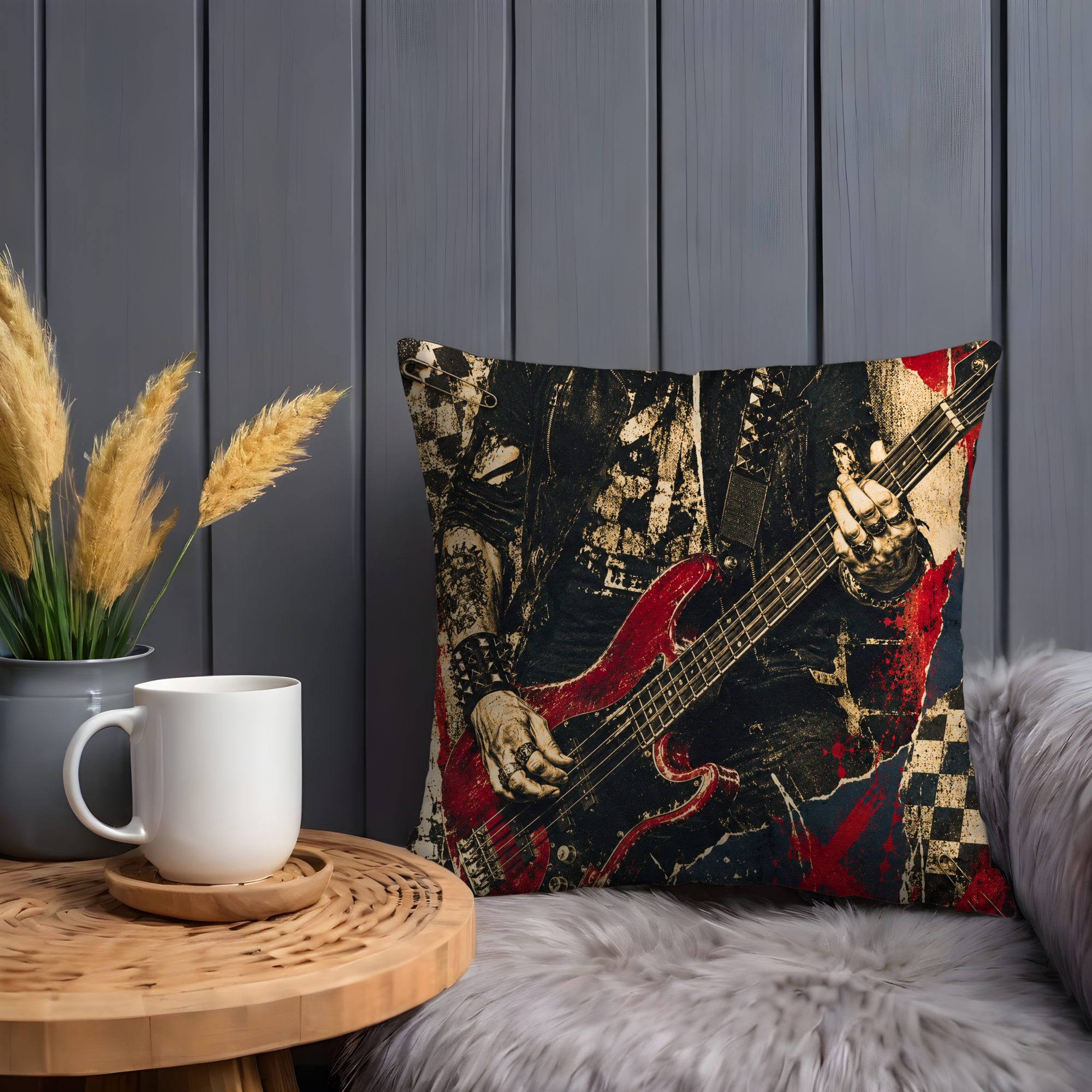 Rock Guitarist Pillow Cover | Metal Music Art | Gold Crackle Decor
