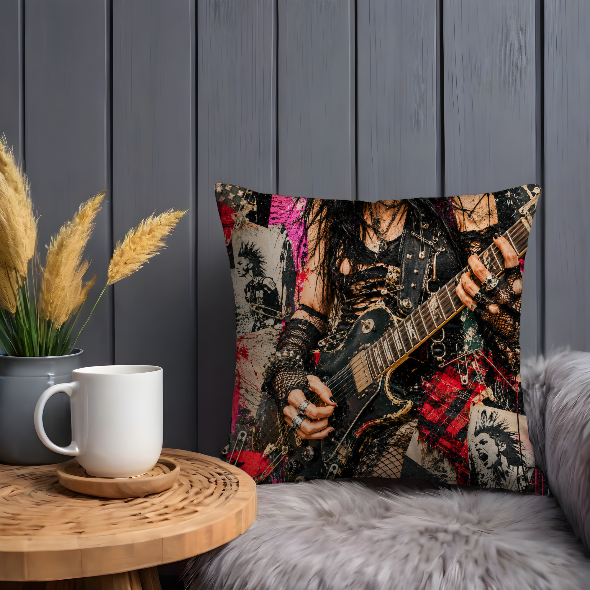 Punk Rock Guitarist Pillow Cover | Metal Music Art | Gold Crackle Decor