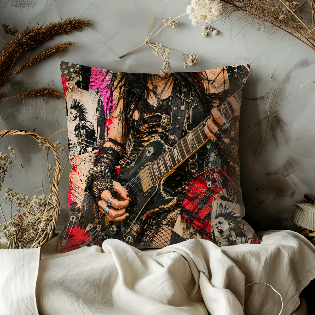 Punk Rock Guitarist Pillow Cover | Metal Music Art | Gold Crackle Decor