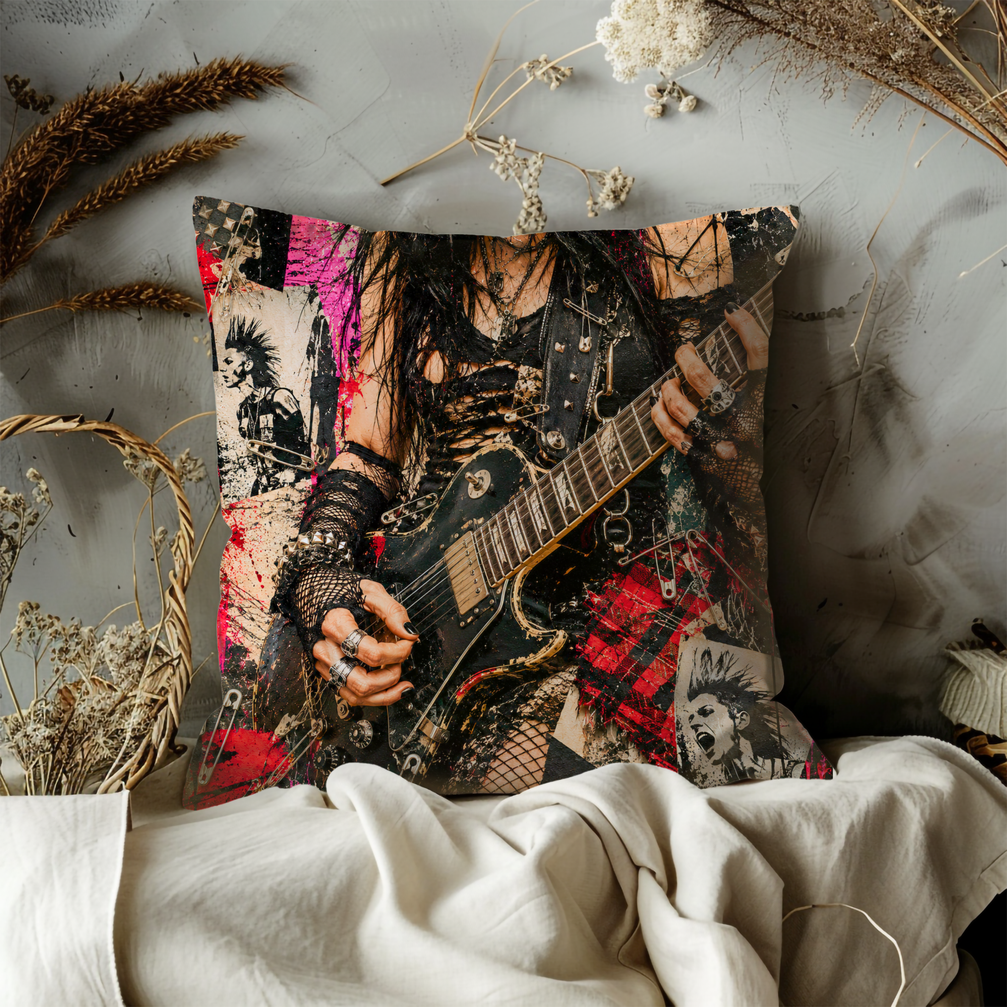 Punk Rock Guitarist Pillow Cover | Metal Music Art | Gold Crackle Decor